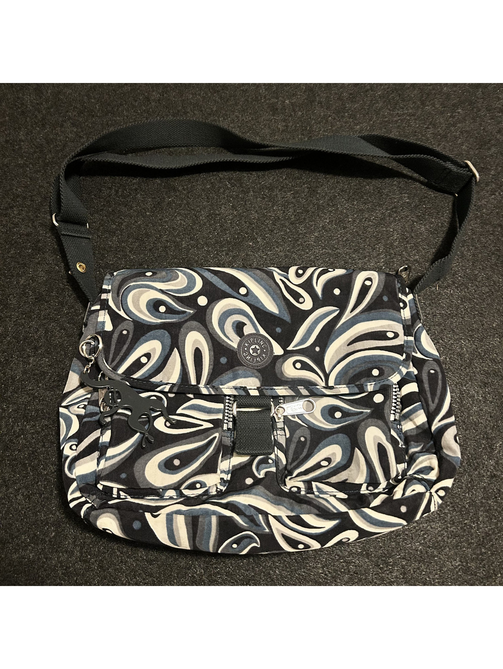Kipling Syro Crossbody Bag Blue Grey Paisley Swirl Messenger Handbag Key Fob